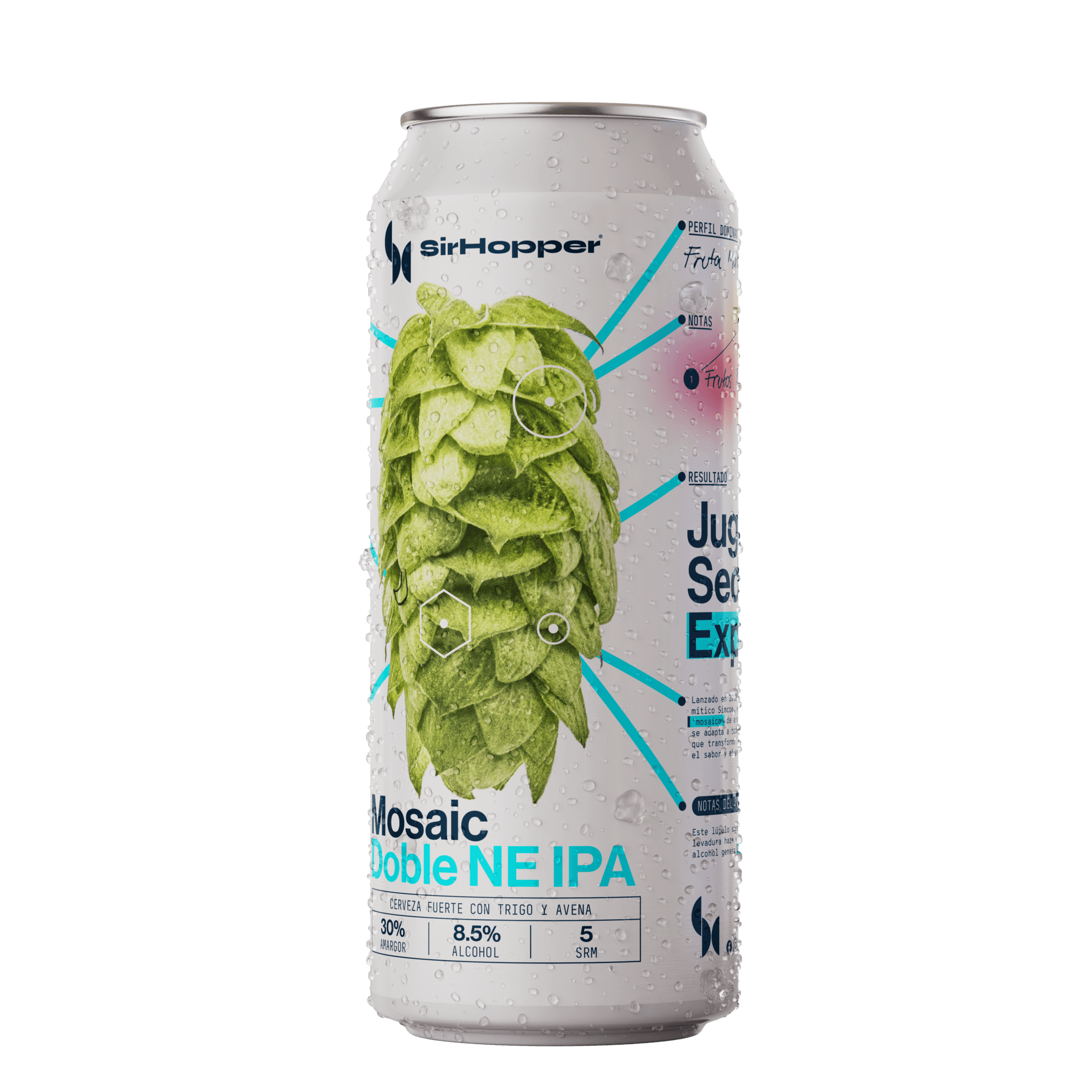 Lata de Mosaic Doble NE IPA SirHopper 8.5%, cerveza Double NEIPA sedosa y explosiva con frutos rojos y papaya, IPA Day 2026