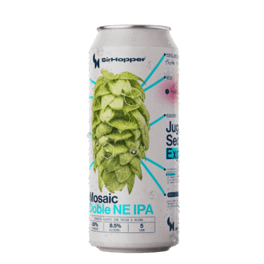 Lata de Mosaic Doble NE IPA SirHopper 8.5%, cerveza Double NEIPA sedosa y explosiva con frutos rojos y papaya, IPA Day 2026