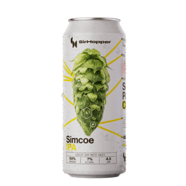 Lata de Simcoe IPA SirHopper, cerveza artesanal American IPA con 60 IBU, notas de pino y resina, IPA Day Argentina 2026