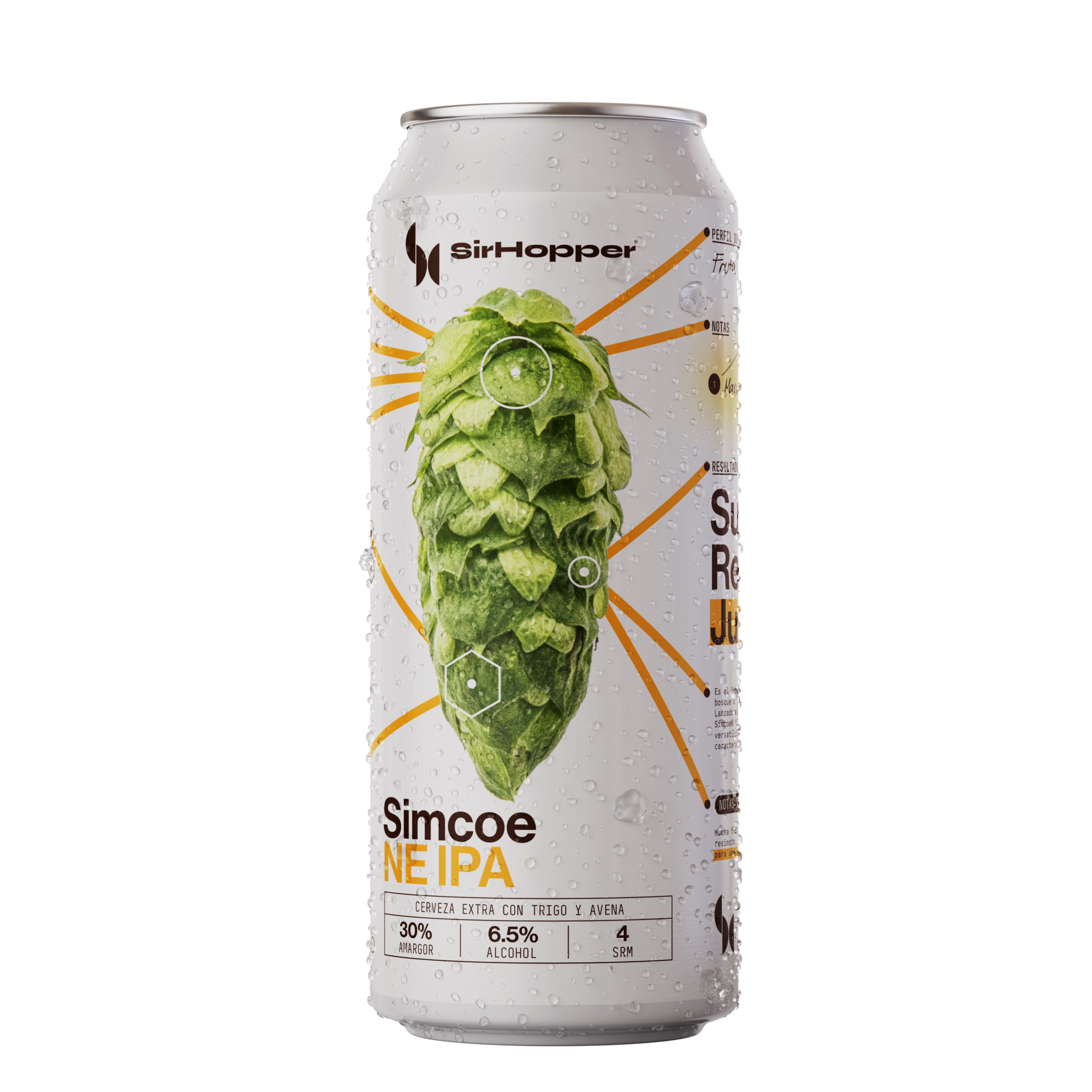 Lata de Simcoe NEIPA SirHopper, cerveza New England IPA con biotransformación activa, notas de maracuyá y durazno, IPA Day 2026