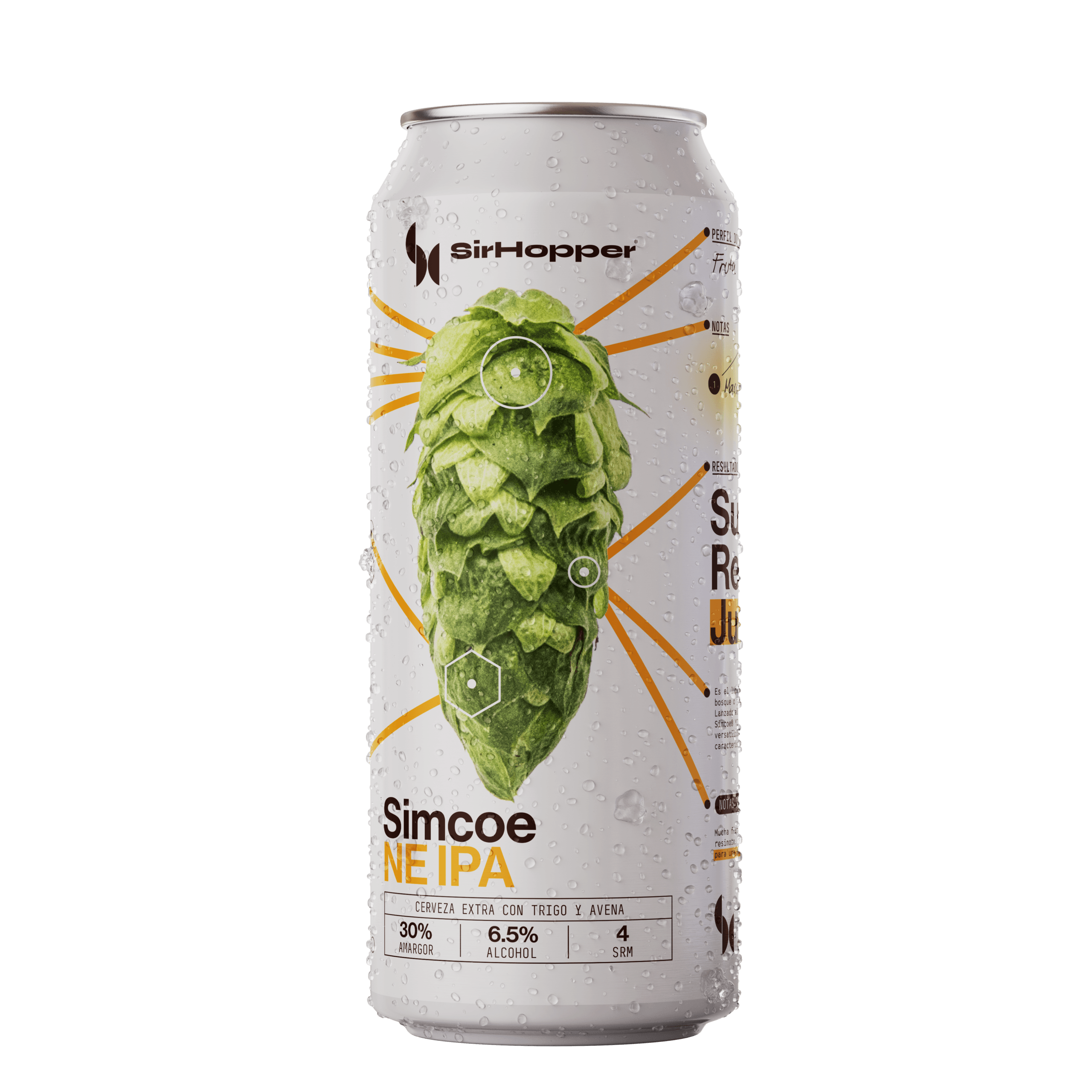 Lata de Simcoe NEIPA SirHopper, cerveza New England IPA con biotransformación activa, notas de maracuyá y durazno, IPA Day 2026